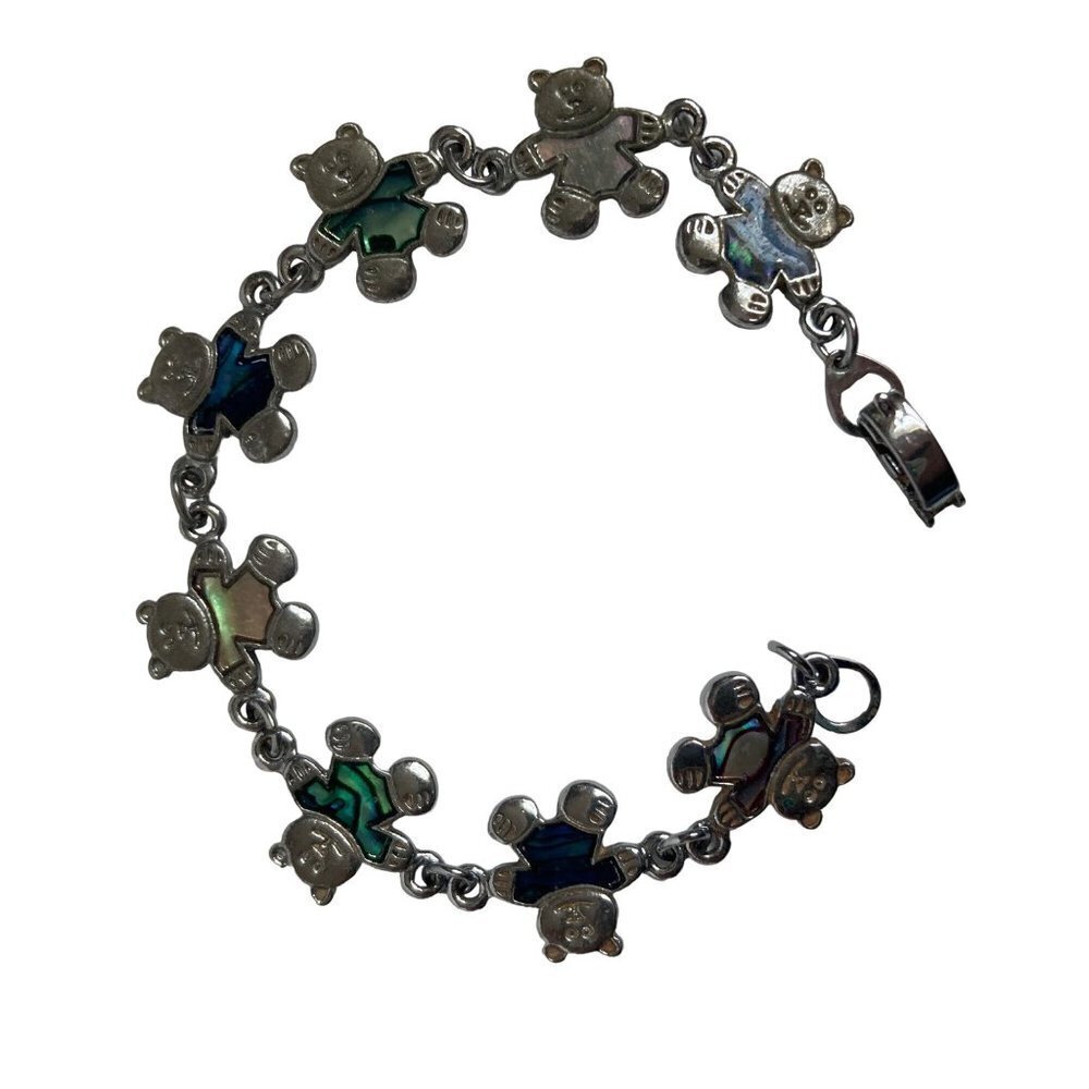 Teddy Bear Bracelet Silver Tone Linked Bears Blue Pink Green Enamel